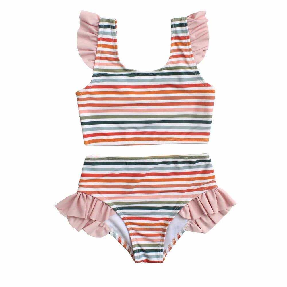 NEW EMERSON AND FRIENDS girl's sunset stripes flutter bikini swimsuit in multi-c